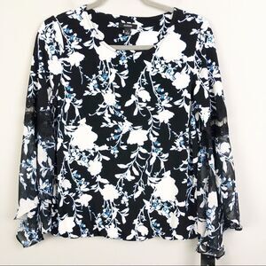 ALFANI | NEW Floral Bell Sleeve Top Lace Accent Black White Blue Women’s Size S